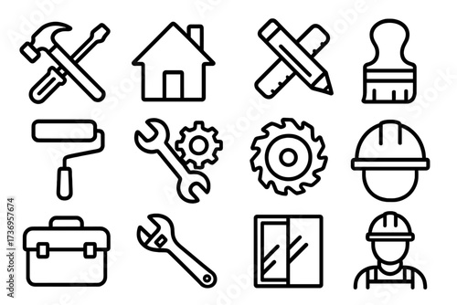 Repair and renovation outline icons set with tools, house, paint roller, wrench, gears, helmet, toolbox, window, and construction worker in simple vector style for design and apps
