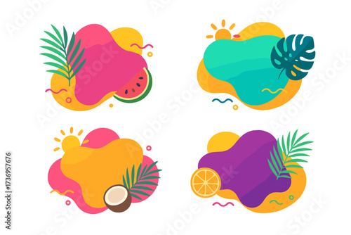 Set of trendy colorful summer sale banners with tropical elements, abstract liquid and wavy shapes, geometric modern vector templates, vibrant palm leaves, watermelon, coconut, orange fruit design