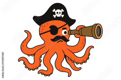 Funny 404 error, page not found concept. Pirate octopus with telescope searching for treasure. Cute cartoon animal character. Vector illustration for website connection problem.