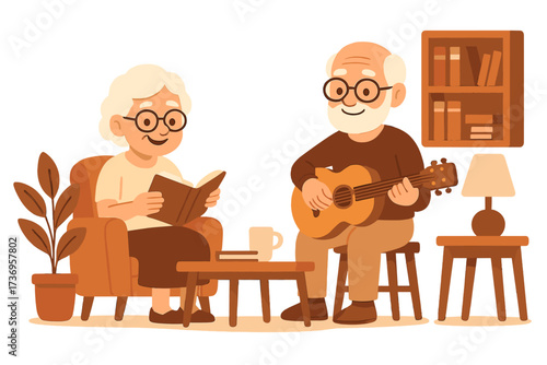 Elderly couple enjoying relaxing quality time reading book and playing guitar in cozy living room, senior leisure activity, warm home environment, vector cartoon illustration