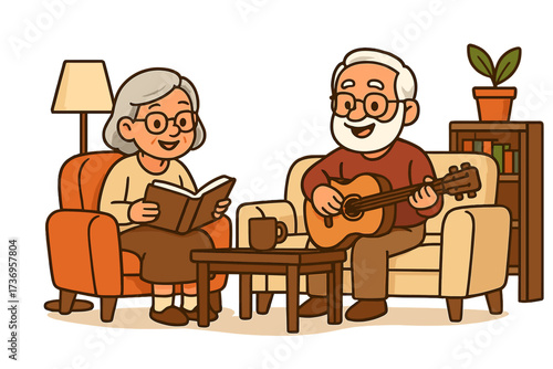Elderly couple enjoying quality time together with guitar playing, reading a book, cozy living room scene with armchair, coffee table, lamp, and houseplant, happiness and relaxation concept