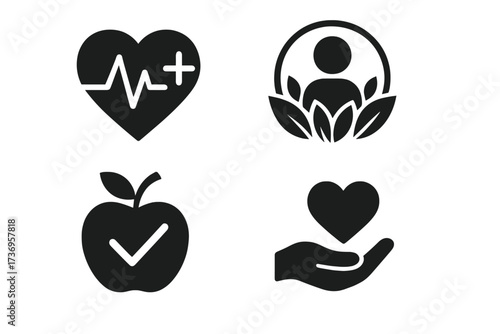 Health benefits icon set. Good health and wellness vector design concept. Medical icons include heart with pulse, natural care, healthy food, and charity support pictogram.