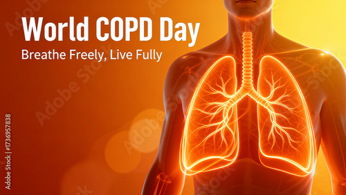 The human body silhouette and glowing lungs represent the concepts of World COPD Day, free breathing, and a better life, and are suitable for health advocacy scenarios.
