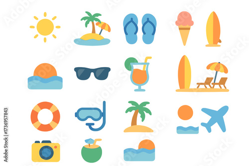 Summer beach and vacation icons set, travel and holiday symbols, tropical landscapes, surfing, summer activities, seasonal leisure vector illustration, sunny holiday elements