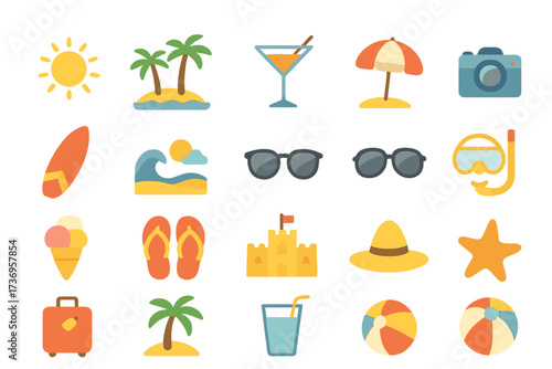 Summer beach vacation icons set, travel and seasonal holiday objects, tropical landscapes, surfing and water activities graphics, vector illustration collection