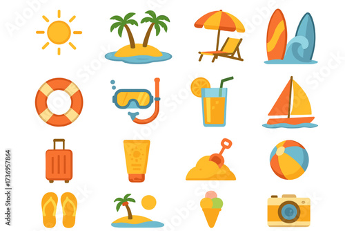 Summer beach vacation icons set with travel and holiday symbols, tropical island, surfing gear, leisure activities, sailboat, sunscreen, and tropical drinks vector illustration