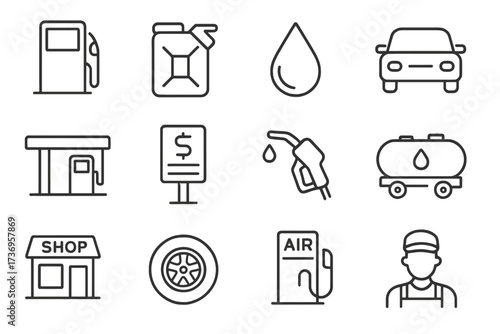 Set of Editable Stroke Line Icons for Gas Station, Fuel Pump, Gasoline Can, Car, Price Sign, Air Pump, Tire, and Service Shop. Minimalistic Linear Vector Pictograms for Apps, Banners, Cards, and Posts