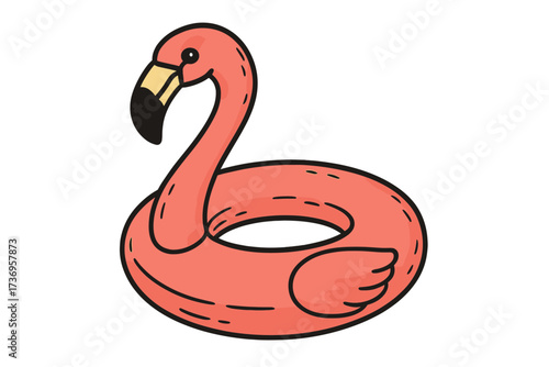 Inflatable flamingo pool float swim ring for summer vacation. Tropical bird buoy for water activities. Fun beach party rubber toy. Cartoon vector illustration isolated.