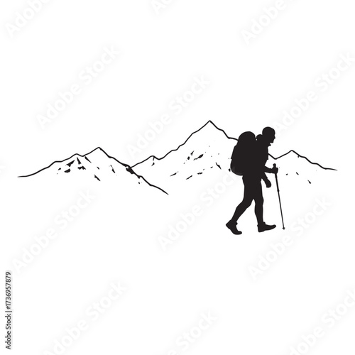 Silhouette of a lone hiker in a vast mountain landscape