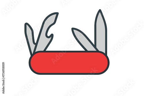 Swiss army knife icon vector flat illustration with multiple tools, multifunctional pocket knife design, camping, survival, outdoors, portable utility tool, cutting, screwdriver, can opener essentials