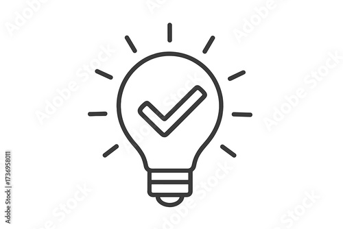 Lightbulb with checkmark line icon. Good idea, smart solution concept. Success, innovation, creativity symbol. Brainstorming, problem solving. Approved, verified, confirmed.