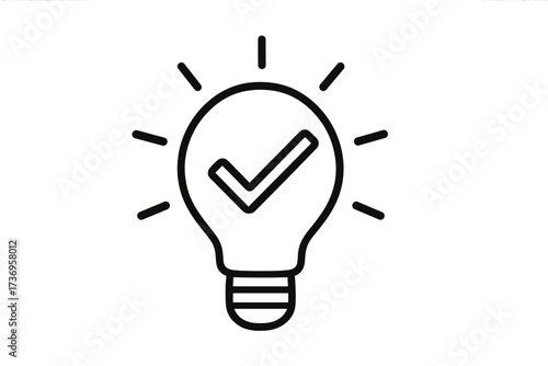 Smart idea concept with lightbulb and checkmark. Thin line vector icon for verified solutions, successful brainstorming, creativity, innovation. Approved and validated choice.