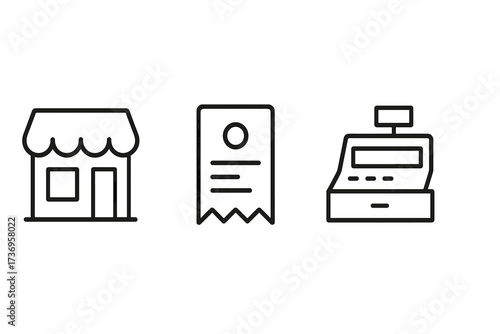 Shopping line icon set. Store, receipt, cash register symbols. Retail, purchase, payment, and checkout concepts. Thin line vector pictograms for web, app, UI, UX design.