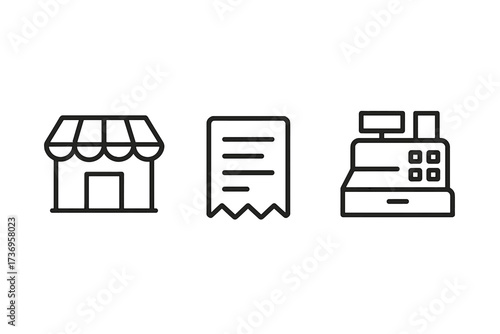 Vector icon set for retail and commerce. Thin line icons of store, bill, and cash register. Concept for online shopping, payment, transaction, checkout, sale, purchase.