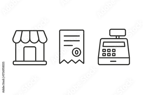 Shopping line icon set with store, receipt, cash register. Thin line vector pictograms for retail business, commerce, finance. Outline symbols for web, app, UI, UX design.
