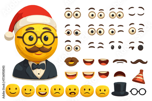 Emoji creator kit for custom character design. Vector constructor set with 3D plasticine elements. Make your own smiley with different eyes, mouths, emotions, and accessories.