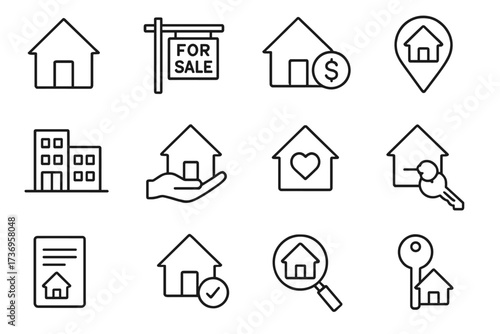 Set of Real Estate Line Icons, Editable Stroke Vector Design for Websites, Apps, Cards, Linear House, Key, Property Sale, Home Ownership, Search, and Contract Concepts