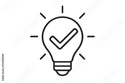 Lightbulb with checkmark. Good idea, approved solution concept. Vector line icon for smart thinking, creativity, innovation, success. Brainstorming and problem solving symbol.