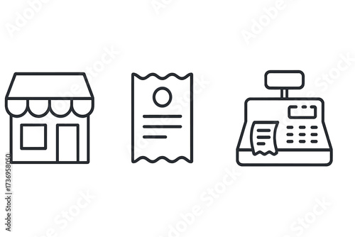 Shopping line icon set for retail and commerce. Vector symbols for store, online shop, checkout payment, receipt, bill, and cash register. Minimalist outline design for app and web.