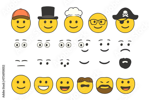 Emoji character creator kit. Vector emoticon generator with custom parts: eyes, mouths, mustaches, beards, hats, and glasses. Build your own unique smiley avatar faces.