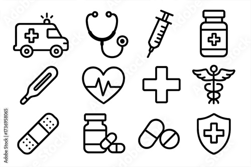 Medical and healthcare thin line icon set. Vector symbols for hospital, pharmacy, and emergency care. Includes ambulance, stethoscope, syringe, pills, and heartbeat icons.