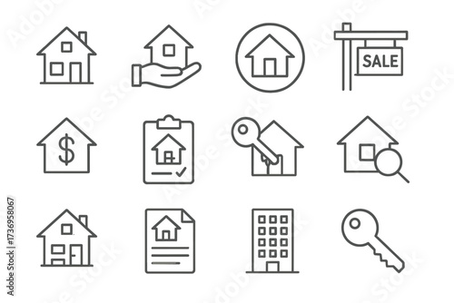 Set of Real Estate Line Icons, Editable Stroke Vector for Design, Websites, Apps, Cards, Includes House, Key, Sale Signs, Document, Apartment Building, Modern Linear Illustration, Property Symbols