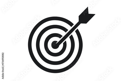 Target focus and goal achievement icon, dartboard with arrow hitting bullseye, accuracy concept, success and precision vector illustration, business aim and strategy symbol