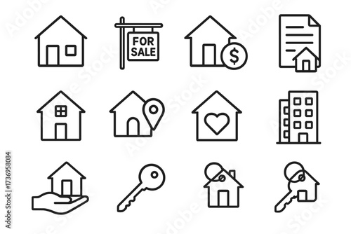 Set of Real Estate Line Icons with Editable Stroke for Web Design, Apps, and Cards, Featuring Linear House and Key Symbols for Property, Home, and Sale Concepts Vector Cartoon Illustration