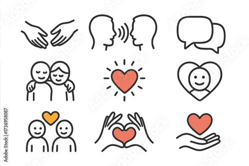 Set of diverse hand-drawn icons representing human connection, affection, communication, friendship, love, and empathy in minimalist vector style with hearts and caring gestures