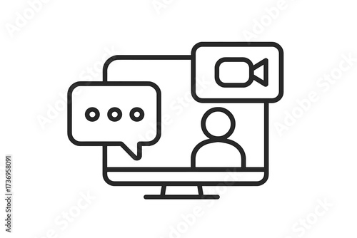 Video conference, online meeting line icon. Vector concept for communication, webinar, remote work, business chat, virtual presentation. Computer screen with user symbol.