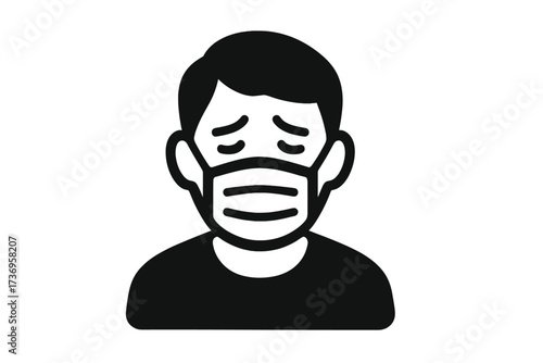 Vector icon of a sad sick person in a face mask. Man with a tired, depressed expression wearing surgical protection. Concept for flu, virus, pandemic, illness, disease, and covid.