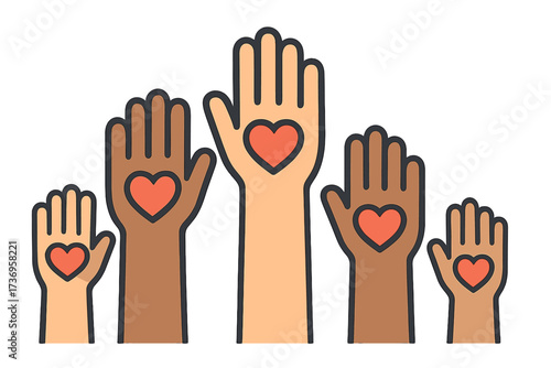 Raised hands with hearts volunteering to help. Vector flat icon for volunteer, charity, donation, contribution. Diverse community support, teamwork, love, unity, social aid.