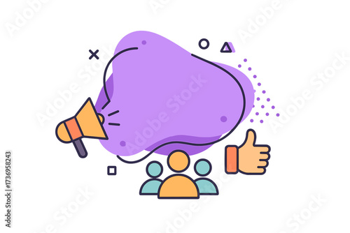 Refer a friend concept. Vector banner with megaphone and people icons. Referral marketing program design. Abstract fluid shape for promotion, announcement, advertising. Thumbs up.
