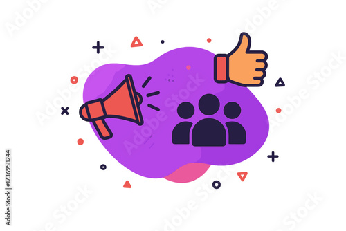 Refer a friend vector banner. Referral program marketing concept with megaphone, people icon and thumbs up. Business promotion and announcement modern flat illustration design.