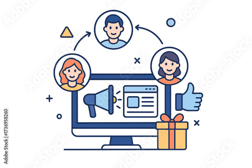 Referral program and affiliate marketing vector concept. Refer a friend strategy for customer acquisition and online business growth. Friends share information to earn prizes and gifts.