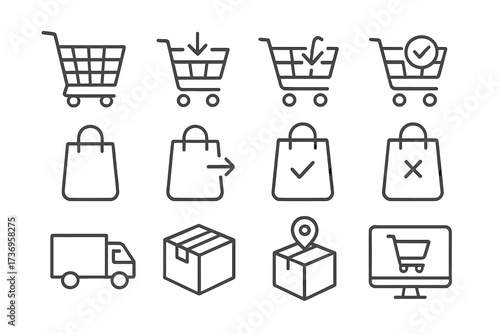Shopping cart and bag icons outline set, delivery package and tracking symbols, editable linear stroke vector collection for ecommerce, online shopping, web, app, business, and retail concepts