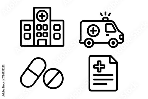 Medical and healthcare thin line icon set. Vector symbols of hospital, ambulance, pills, prescription. Emergency, first aid, pharmacy and clinic outline pictogram collection.