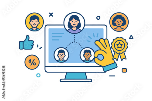 Referral program and affiliate marketing business concept. Invite friends and earn prizes. Customer attraction strategy with people network on a computer screen. Vector icon.