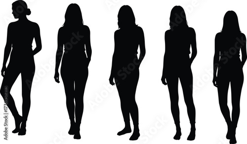 Silhouette of women posing, standing, walking, stylish female figures, fashion outline, elegant woman body posture, beauty concept, modern style, graceful shape