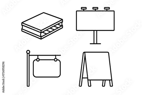 Vector line icon set. Sandwich panel construction material. Billboard, signboard, A-frame stand for outdoor advertising. Editable stroke minimalist linear pictogram.