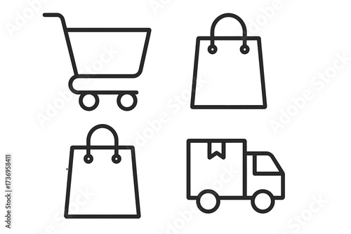 Shopping cart, shopping bag, delivery truck simple black line icons set, editable stroke vector collection for websites, apps, cards, and digital projects illustration
