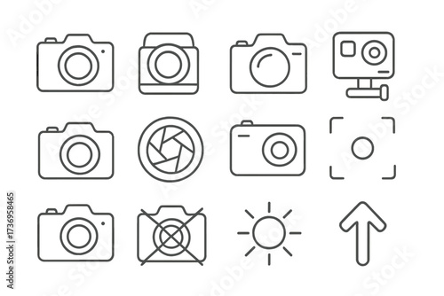 Photo camera line icon set. Photography and video outline pictogram collection. Simple vector icons like action camera, aperture, focus, and upload symbol. Editable stroke.