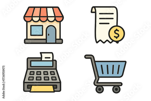 Shopping icon bundle with store, receipt, cash register, and shopping cart. Vector cartoon illustration for e-commerce, retail, apps, web design, and marketing cards