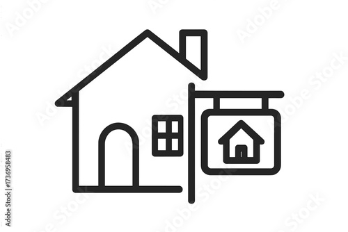 Real estate line icon with house for sale sign. Simple home pictogram for realtor, broker, or mortgage business. Property investment and housing market concept vector symbol.