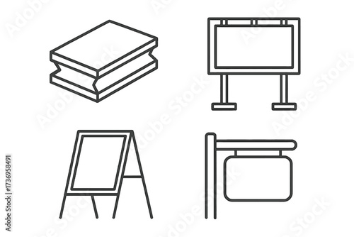 Signage line icon set for marketing and construction. Features outdoor billboard, A-frame sidewalk sign, hanging shop signboard, and insulated sandwich panel. Editable stroke vector.
