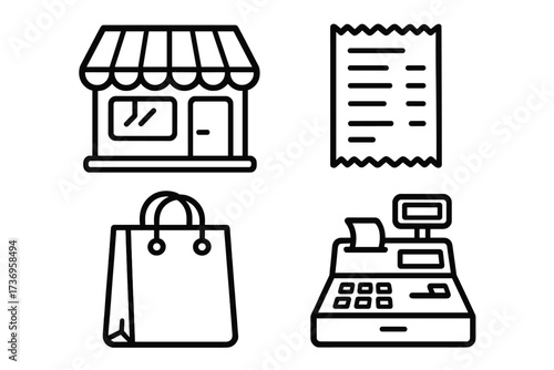 Shopping icon collection with store front, receipt, cash register, and shopping bag vector set for retail design, e-commerce, web apps, cards, posts, and marketing illustrations