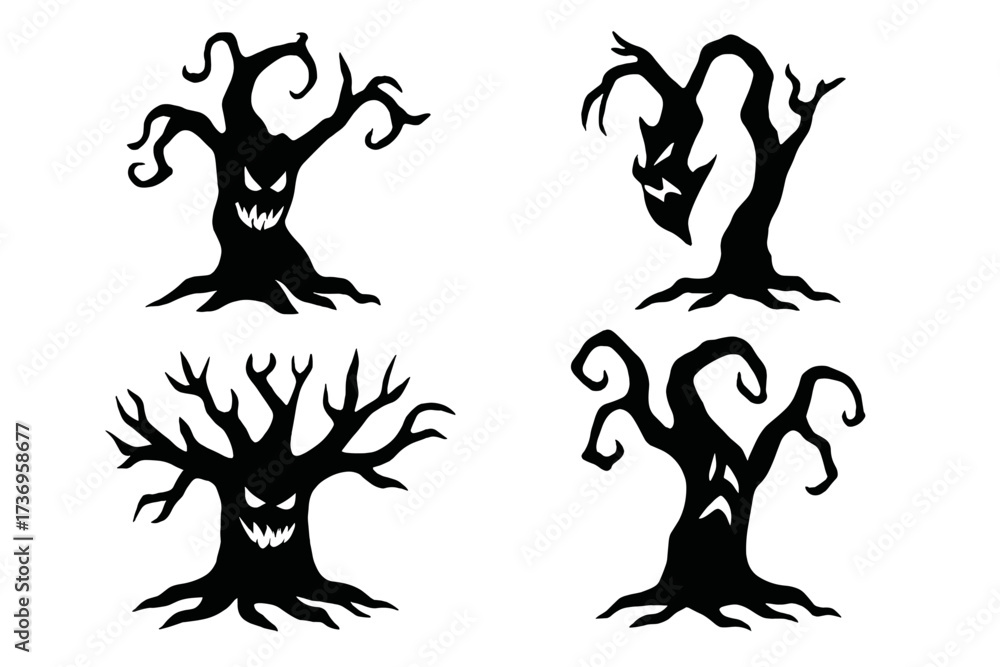 Naklejka premium Spooky tree monster vector set. Scary face silhouette collection for Halloween. Creepy haunted forest characters. Old gnarled evil wood illustration. Horror nature elements.