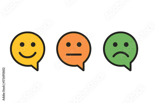 Feedback speech bubbles with smiley faces showing satisfaction levels. Customer review emoticons. Happy, neutral, and sad faces for survey, rating, and experience. Flat icon.