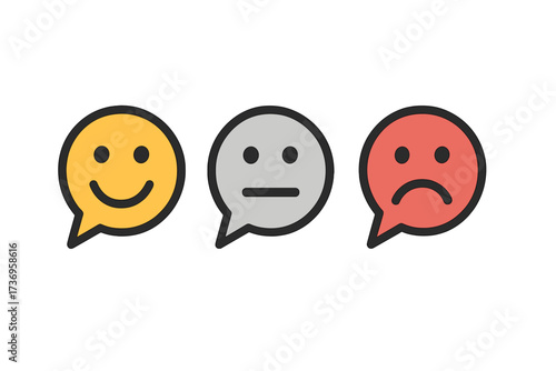 Set of speech bubbles with smiley faces showing different satisfaction levels. Feedback, review, and rating concept. Happy, neutral, and sad emoticons. Customer experience.