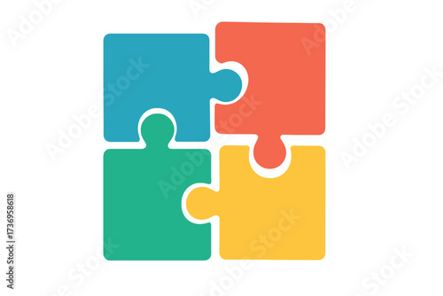 Colorful four-piece puzzle icon, vector illustration of interlocking puzzle pieces symbolizing teamwork, business strategy, problem solving, startup solutions, games, and creative ideas